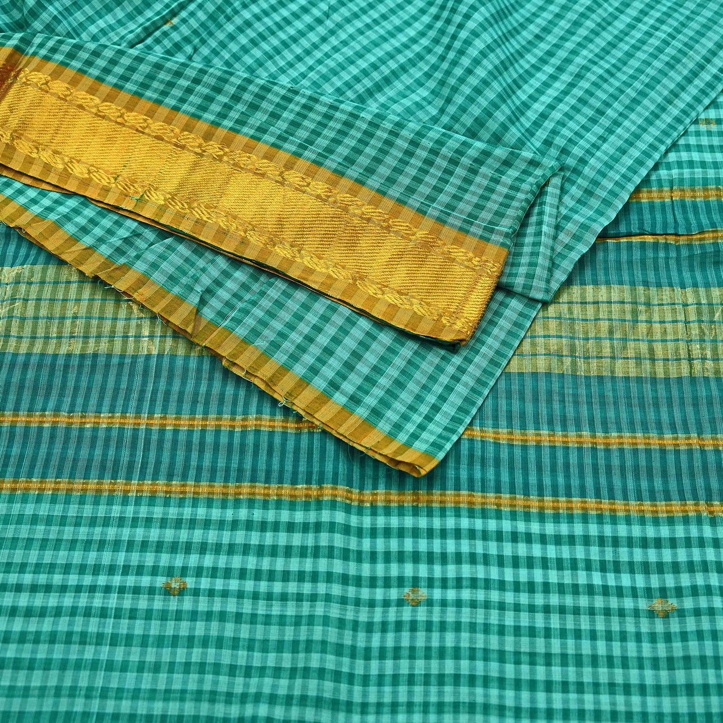 Vintage Sari Green Pure Cotton Hand Woven Sarees Craft Fabric Zari 5Yd Sewing Soft Crafting Dress making Upcycle Quilting Zigzag