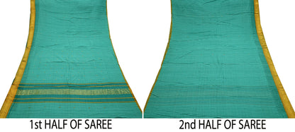 Vintage Sari Green Pure Cotton Hand Woven Sarees Craft Fabric Zari 5Yd Sewing Soft Crafting Dress making Upcycle Quilting Zigzag