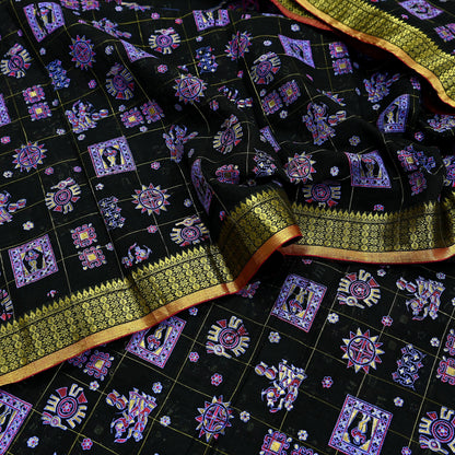 Indian Vintage Sari Black Hand Woven Painted Sarees Pure Cotton Craft Fabric 5Yd Floral Soft Dress Making Zari Border Crafting Quilting