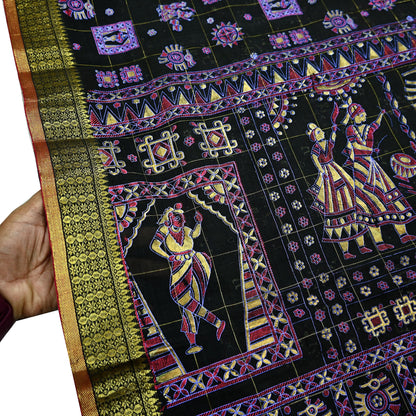 Indian Vintage Sari Black Hand Woven Painted Sarees Pure Cotton Craft Fabric 5Yd Floral Soft Dress Making Zari Border Crafting Quilting