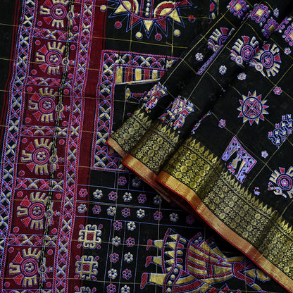 Indian Vintage Sari Black Hand Woven Painted Sarees Pure Cotton Craft Fabric 5Yd Floral Soft Dress Making Zari Border Crafting Quilting