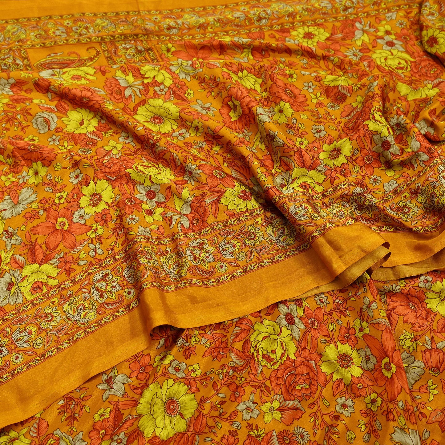 Indian Vintage Saffron Saree Moss Crepe Printed Sari 5yd Sewing Paisley Soft Craft Fabric Dressmaking