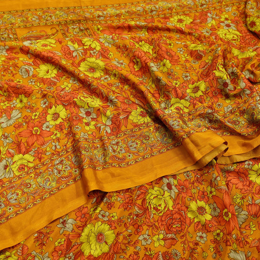 Indian Vintage Saffron Saree Moss Crepe Printed Sari 5yd Sewing Paisley Soft Craft Fabric Dressmaking