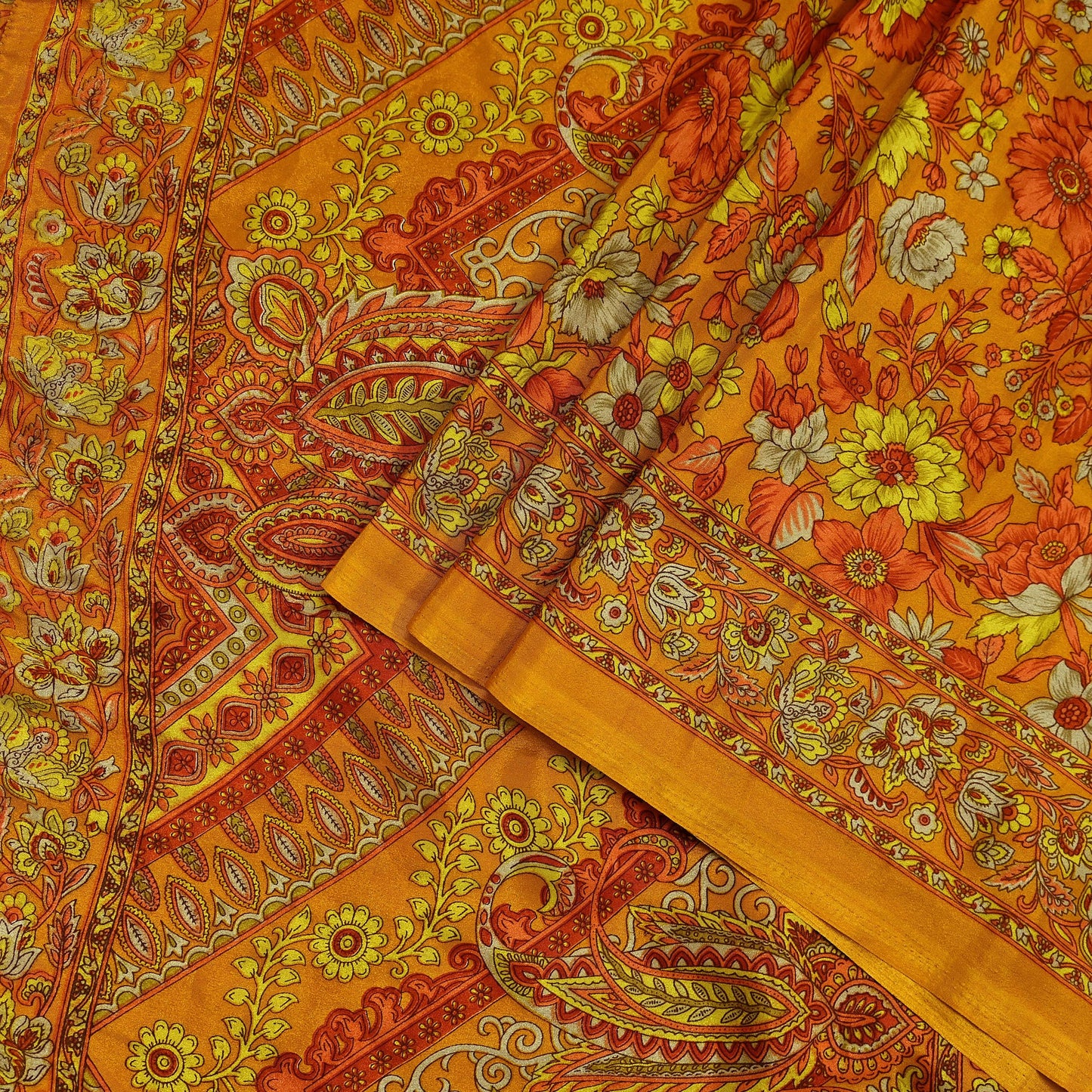 Indian Vintage Saffron Saree Moss Crepe Printed Sari 5yd Sewing Paisley Soft Craft Fabric Dressmaking
