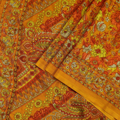 Indian Vintage Saffron Saree Moss Crepe Printed Sari 5yd Sewing Paisley Soft Craft Fabric Dressmaking
