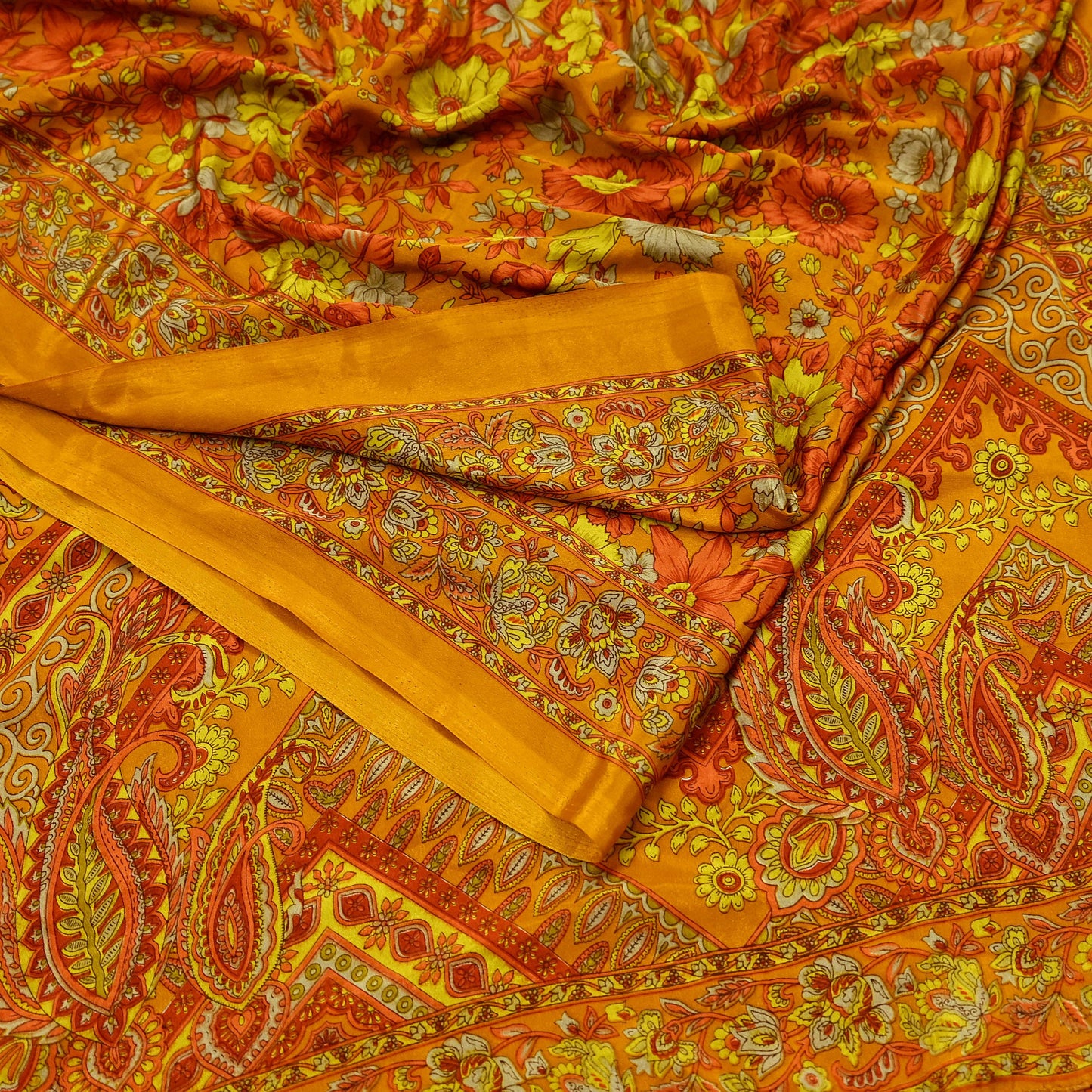 Indian Vintage Saffron Saree Moss Crepe Printed Sari 5yd Sewing Paisley Soft Craft Fabric Dressmaking