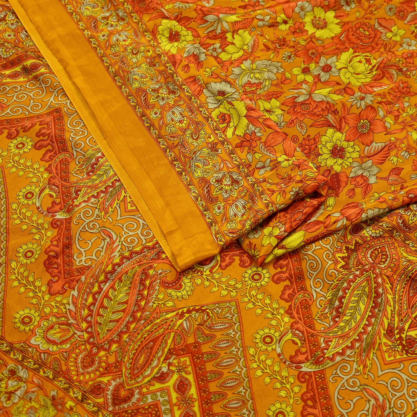 Indian Vintage Saffron Saree Moss Crepe Printed Sari 5yd Sewing Paisley Soft Craft Fabric Dressmaking