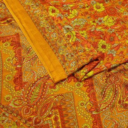 Indian Vintage Saffron Saree Moss Crepe Printed Sari 5yd Sewing Paisley Soft Craft Fabric Dressmaking