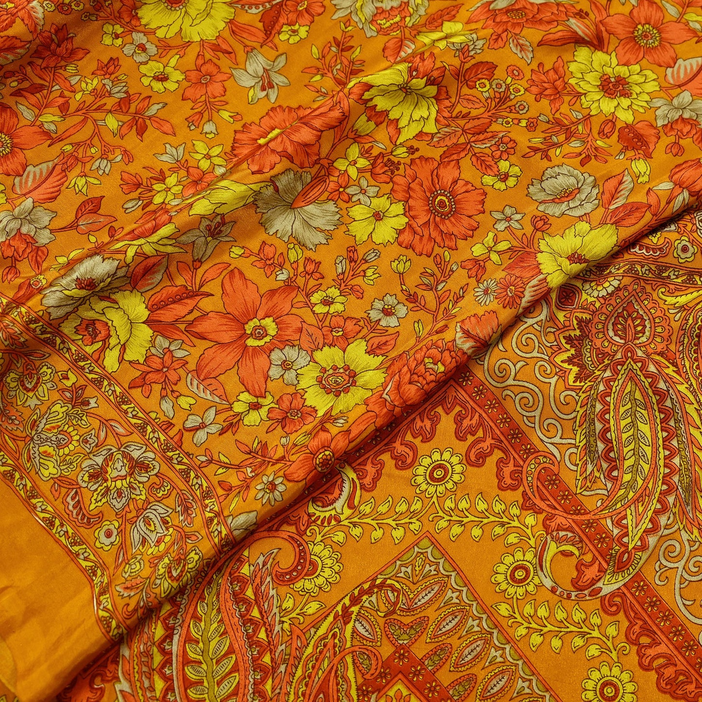Indian Vintage Saffron Saree Moss Crepe Printed Sari 5yd Sewing Paisley Soft Craft Fabric Dressmaking