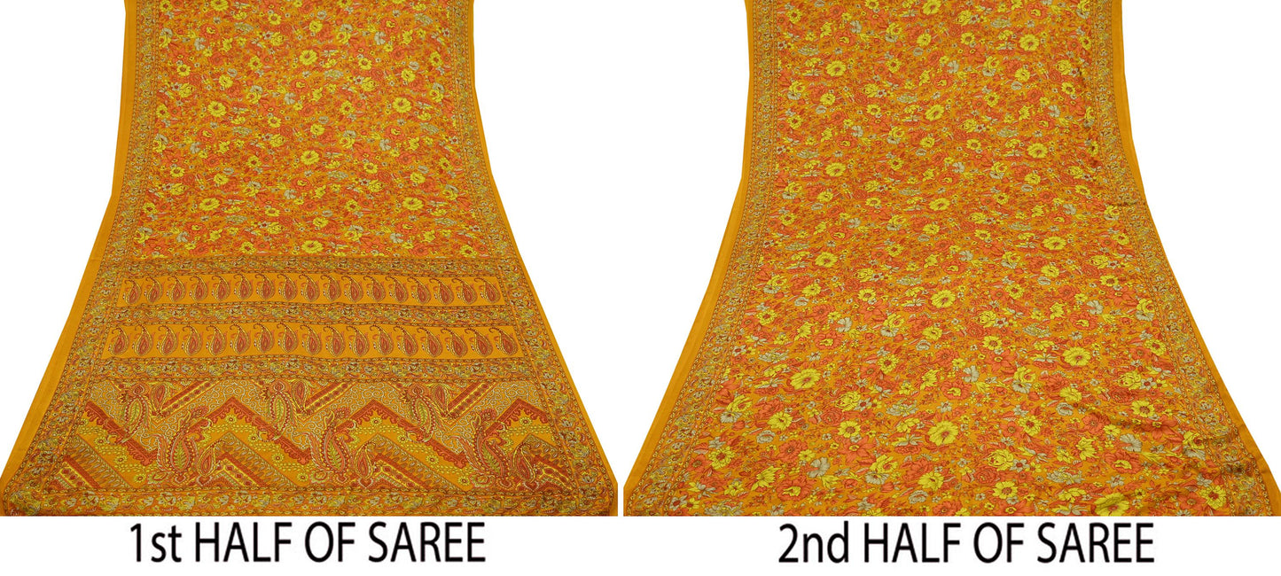 Indian Vintage Saffron Saree Moss Crepe Printed Sari 5yd Sewing Paisley Soft Craft Fabric Dressmaking
