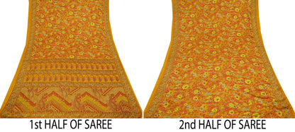 Indian Vintage Saffron Saree Moss Crepe Printed Sari 5yd Sewing Paisley Soft Craft Fabric Dressmaking