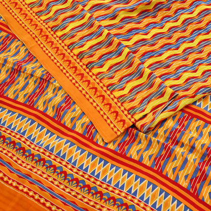 Indian Vintage Sari Orange Pure Crepe Silk Printed Saree 5yd Sewing Floral Soft Craft Fabric Wrap Dress making Quilting Crafting Upcycle