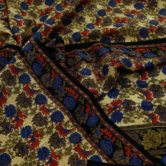 Indian Vintage Sari Black Pure Crepe Silk Printed Sarees 5yd Sewing Craft Fabric Floral Wrap Quilting Dress Making Crafting