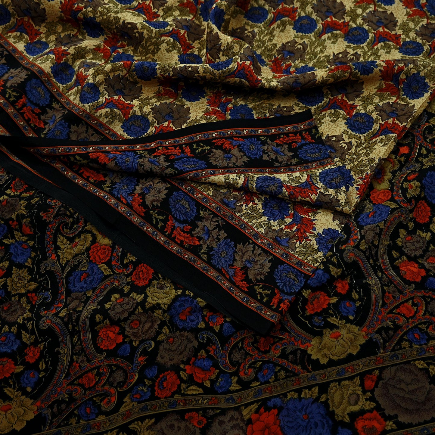 Indian Vintage Sari Black Pure Crepe Silk Printed Sarees 5yd Sewing Craft Fabric Floral Wrap Quilting Dress Making Crafting