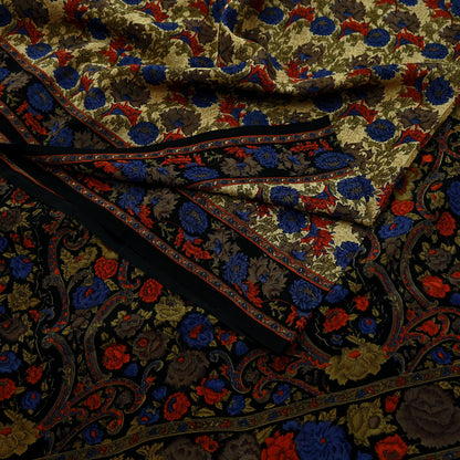 Indian Vintage Sari Black Pure Crepe Silk Printed Sarees 5yd Sewing Craft Fabric Floral Wrap Quilting Dress Making Crafting