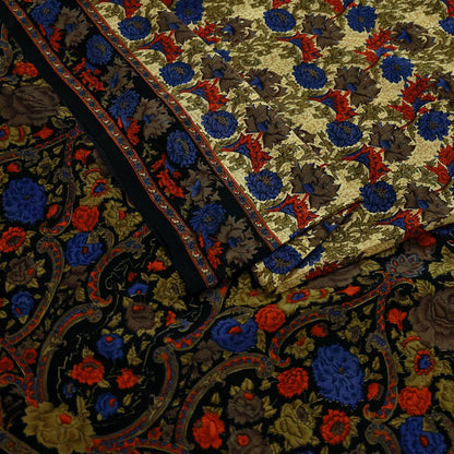 Indian Vintage Sari Black Pure Crepe Silk Printed Sarees 5yd Sewing Craft Fabric Floral Wrap Quilting Dress Making Crafting