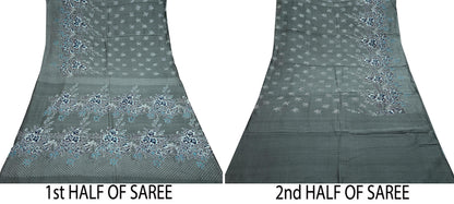 Indian Vintage Sari Gray 100% Pure Silk Printed Saree 6yd Sewing Craft Fabric Dress Making Soft Wrap Floral Crafting Quilting Birds