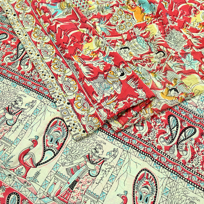 Indian Vintage Sari Ivory Printed Pure Cotton Sarees Fabric 5Yd Sarong Wrap Boho Kimono Soft Dress making Crafting Quilting Peacock