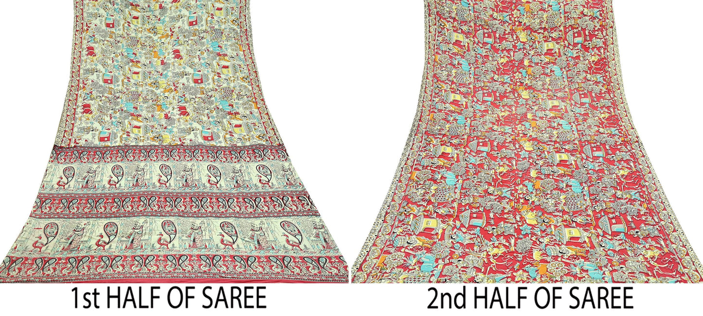 Indian Vintage Sari Ivory Printed Pure Cotton Sarees Fabric 5Yd Sarong Wrap Boho Kimono Soft Dress making Crafting Quilting Peacock