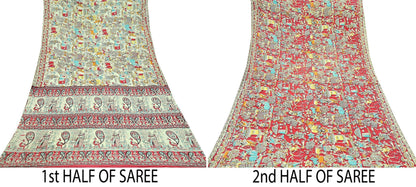 Indian Vintage Sari Ivory Printed Pure Cotton Sarees Fabric 5Yd Sarong Wrap Boho Kimono Soft Dress making Crafting Quilting Peacock
