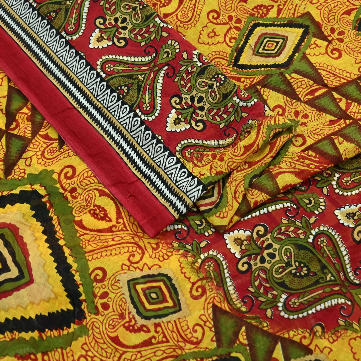 Indian Vintage Sari Yellow Printed Pure Cotton Sarees 5Yd Craft Fabric Soft Sewing Sarong Wrap Boho Upcycle quilting Dress making