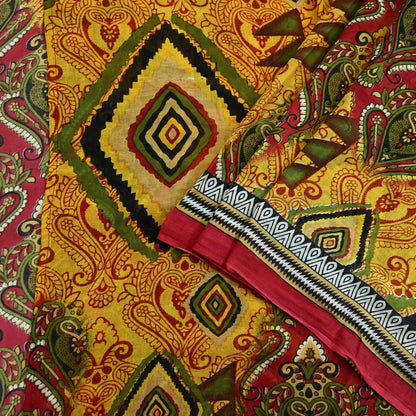 Indian Vintage Sari Yellow Printed Pure Cotton Sarees 5Yd Craft Fabric Soft Sewing Sarong Wrap Boho Upcycle quilting Dress making