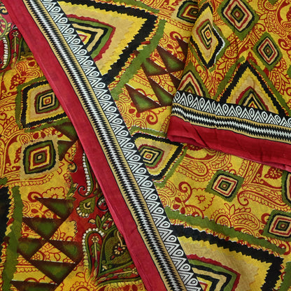 Indian Vintage Sari Yellow Printed Pure Cotton Sarees 5Yd Craft Fabric Soft Sewing Sarong Wrap Boho Upcycle quilting Dress making
