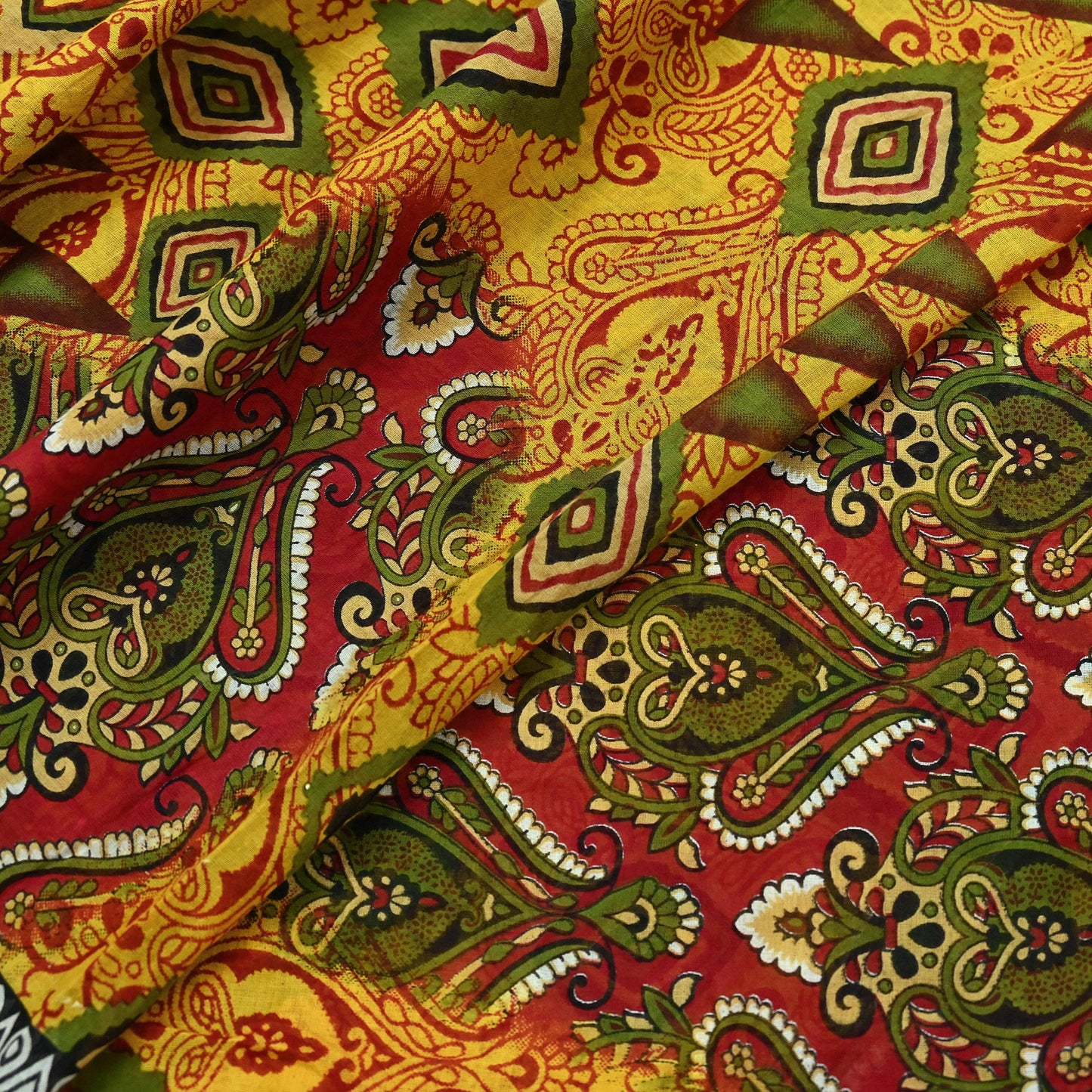 Indian Vintage Sari Yellow Printed Pure Cotton Sarees 5Yd Craft Fabric Soft Sewing Sarong Wrap Boho Upcycle quilting Dress making