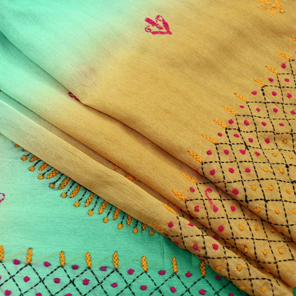 Indian Vintage Sari Green Artificial Silk Hand Embroidered Kantha Sarees Craft Fabric 5yd Sewing Soft Dress Making Crafting Upcycle Quilting