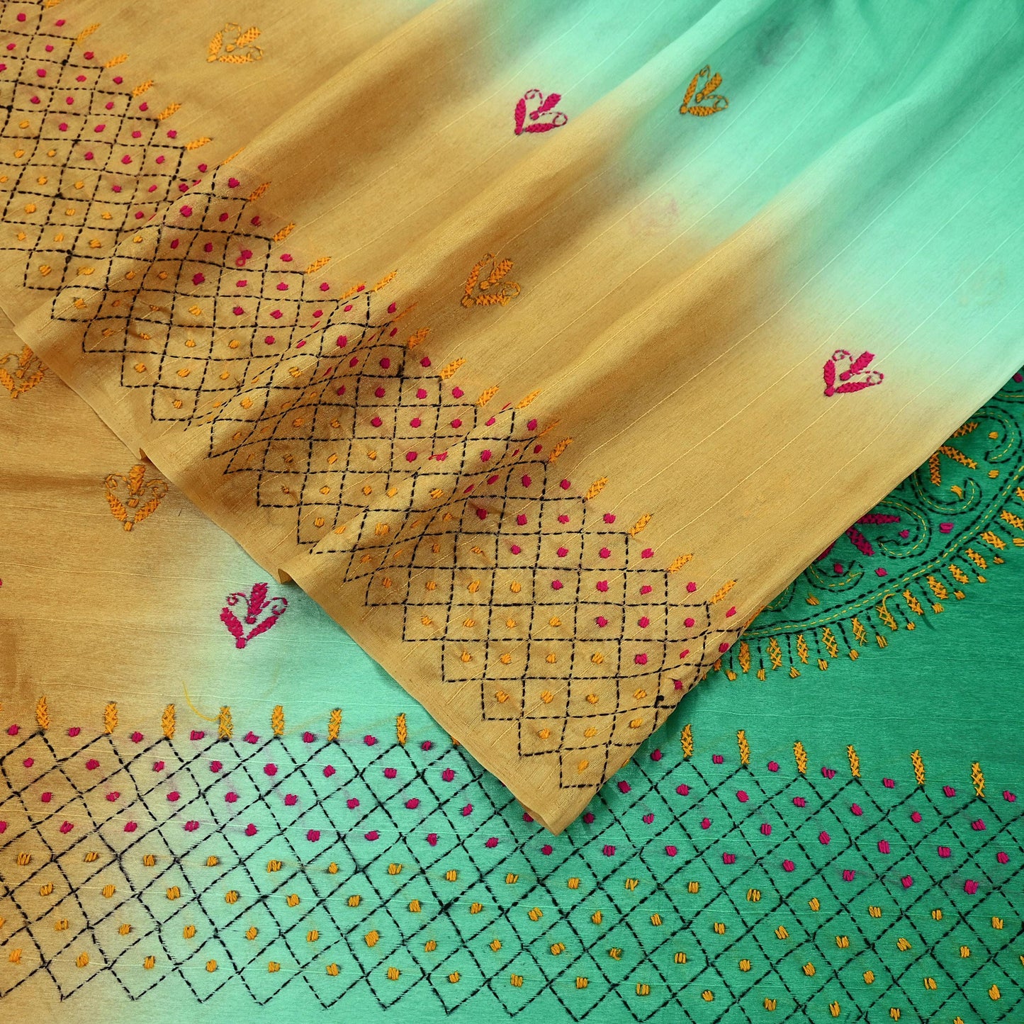 Indian Vintage Sari Green Artificial Silk Hand Embroidered Kantha Sarees Craft Fabric 5yd Sewing Soft Dress Making Crafting Upcycle Quilting