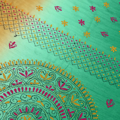 Indian Vintage Sari Green Artificial Silk Hand Embroidered Kantha Sarees Craft Fabric 5yd Sewing Soft Dress Making Crafting Upcycle Quilting