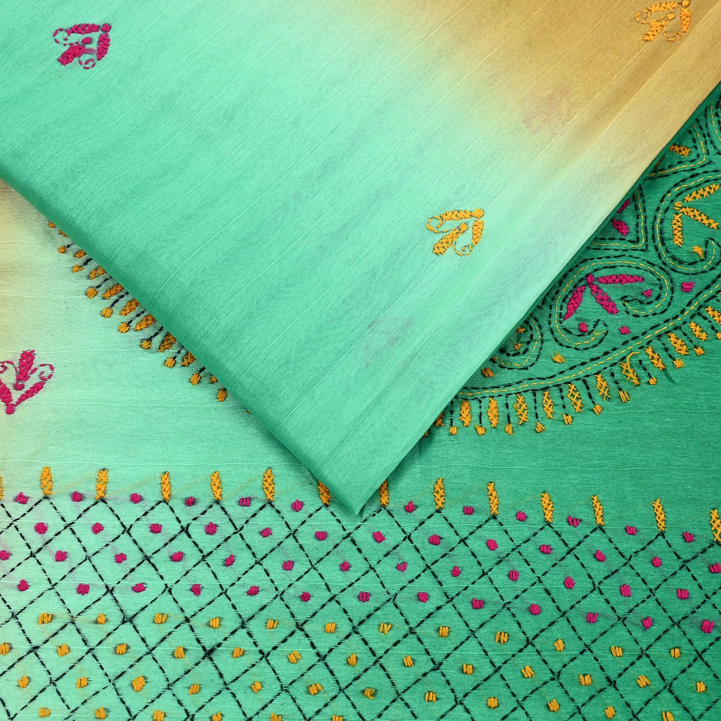 Indian Vintage Sari Green Artificial Silk Hand Embroidered Kantha Sarees Craft Fabric 5yd Sewing Soft Dress Making Crafting Upcycle Quilting