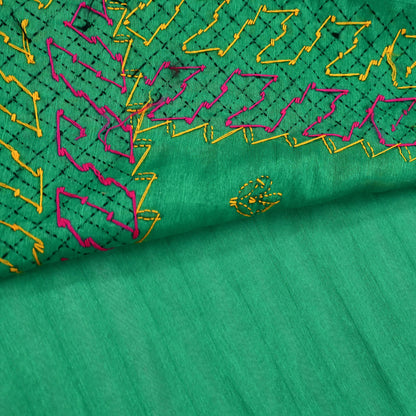 Indian Vintage Sari Green Artificial Silk Hand Embroidered Kantha Sarees Craft Fabric 5yd Sewing Soft Dress Making Crafting Upcycle Quilting