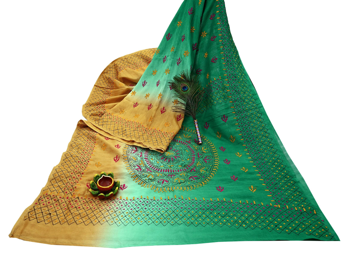 Indian Vintage Sari Green Artificial Silk Hand Embroidered Kantha Sarees Craft Fabric 5yd Sewing Soft Dress Making Crafting Upcycle Quilting