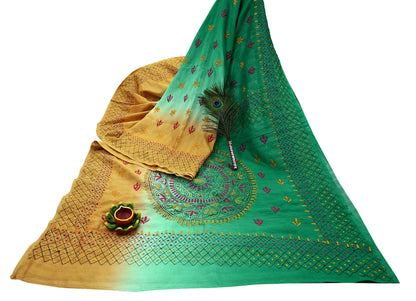 Indian Vintage Sari Green Artificial Silk Hand Embroidered Kantha Sarees Craft Fabric 5yd Sewing Soft Dress Making Crafting Upcycle Quilting
