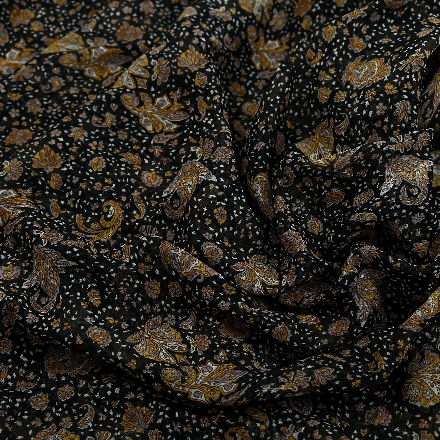 Indian Vintage Black Pure Chiffon Silk Saree | Printed Abstract Design | 5 Yards | Sheer Soft Fabric for Sewing, Dressmaking,