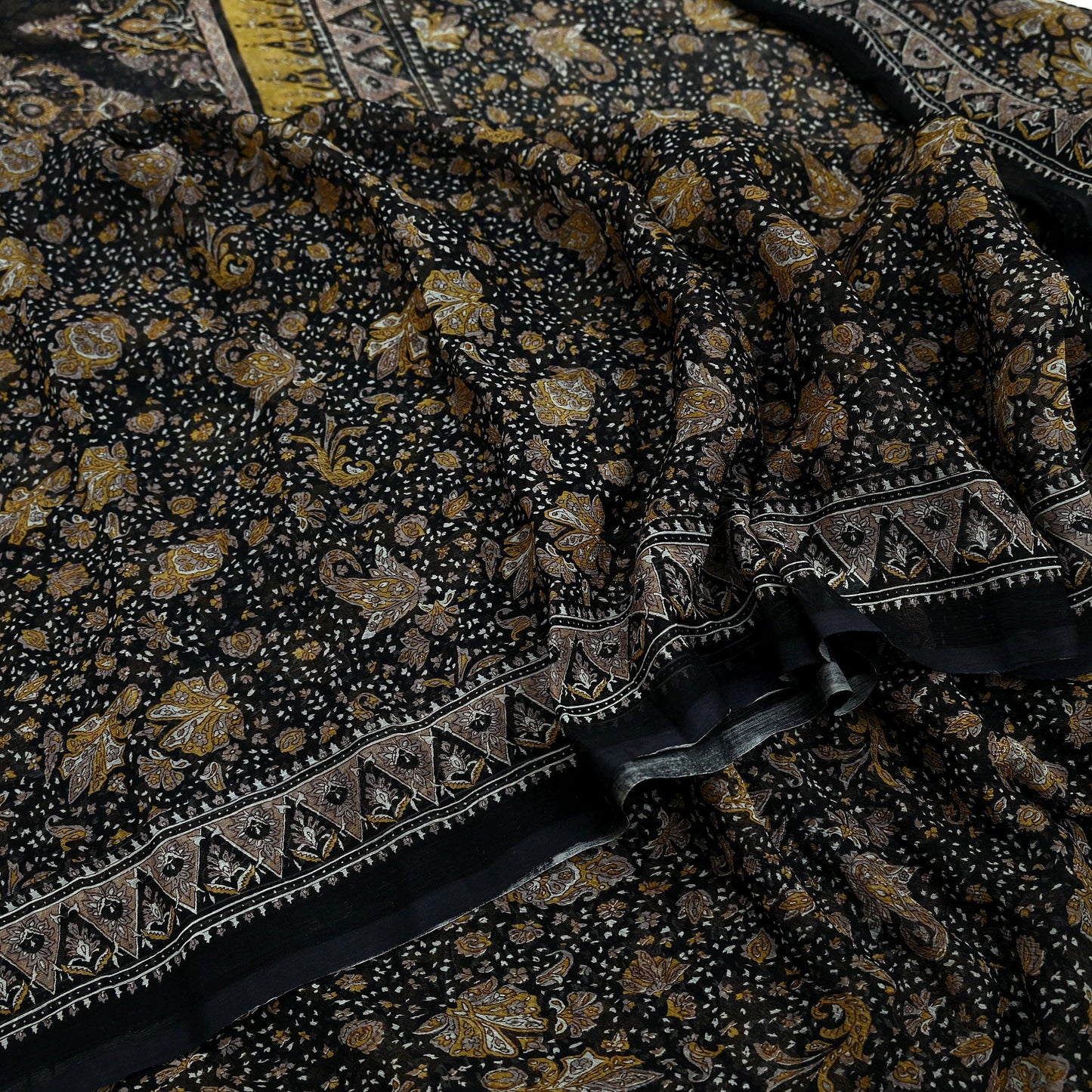 Indian Vintage Black Pure Chiffon Silk Saree | Printed Abstract Design | 5 Yards | Sheer Soft Fabric for Sewing, Dressmaking,