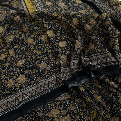 Indian Vintage Black Pure Chiffon Silk Saree | Printed Abstract Design | 5 Yards | Sheer Soft Fabric for Sewing, Dressmaking,