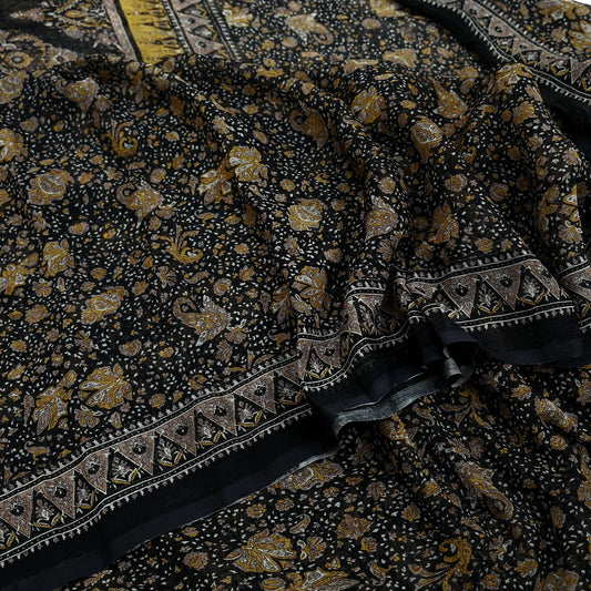 Indian Vintage Black Pure Chiffon Silk Saree | Printed Abstract Design | 5 Yards | Sheer Soft Fabric for Sewing, Dressmaking,