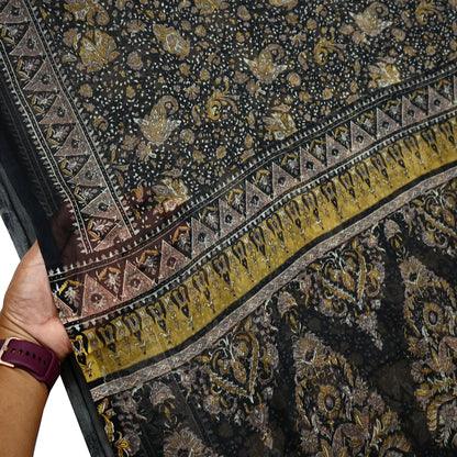 Indian Vintage Black Pure Chiffon Silk Saree | Printed Abstract Design | 5 Yards | Sheer Soft Fabric for Sewing, Dressmaking,