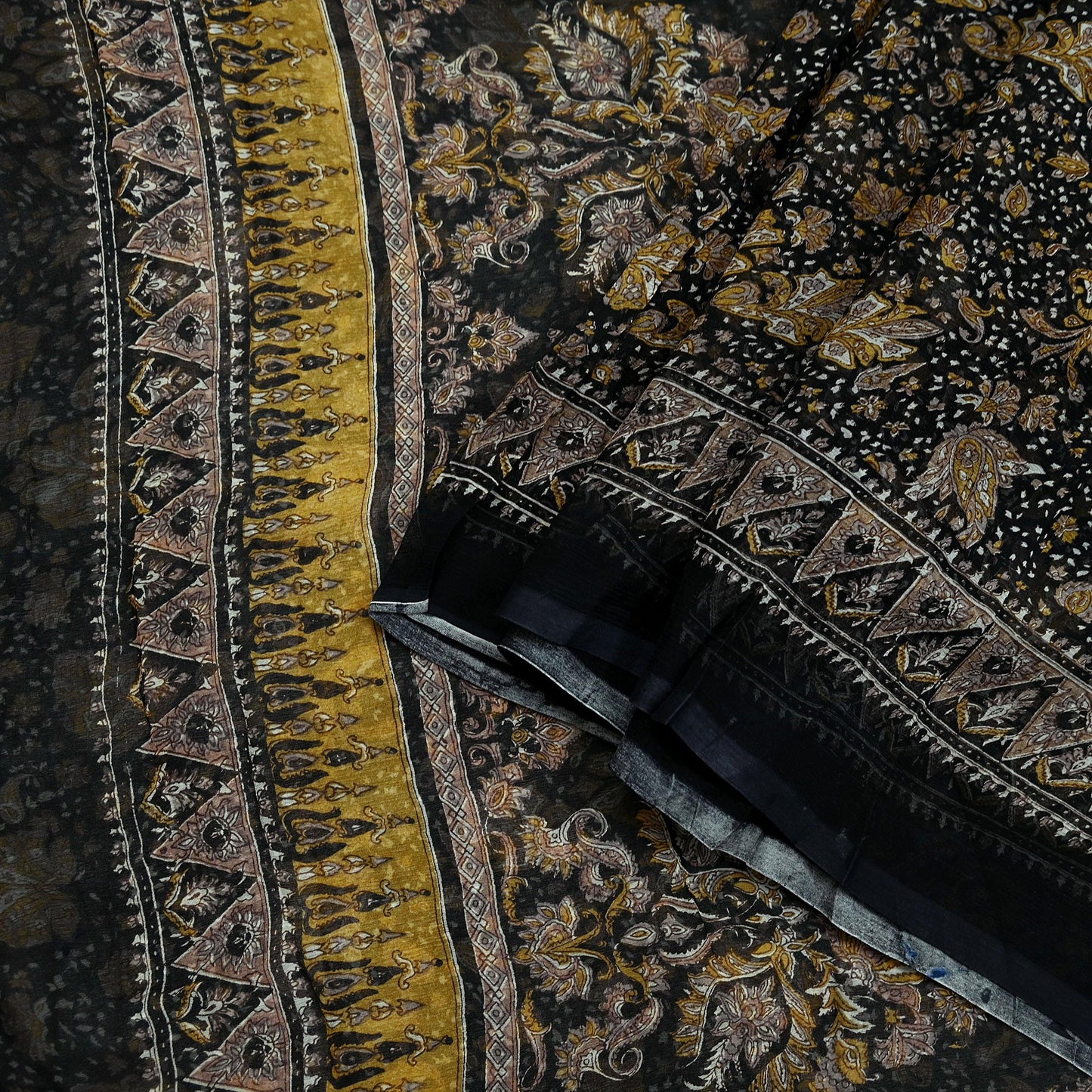 Indian Vintage Black Pure Chiffon Silk Saree | Printed Abstract Design | 5 Yards | Sheer Soft Fabric for Sewing, Dressmaking,
