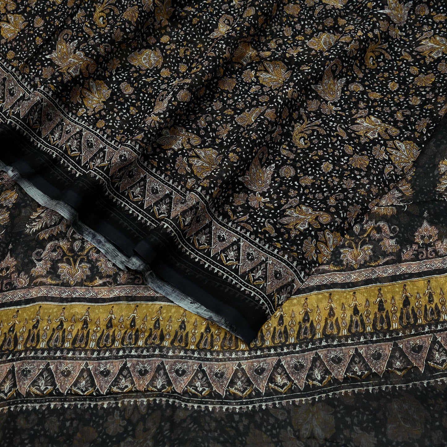 Indian Vintage Black Pure Chiffon Silk Saree | Printed Abstract Design | 5 Yards | Sheer Soft Fabric for Sewing, Dressmaking,