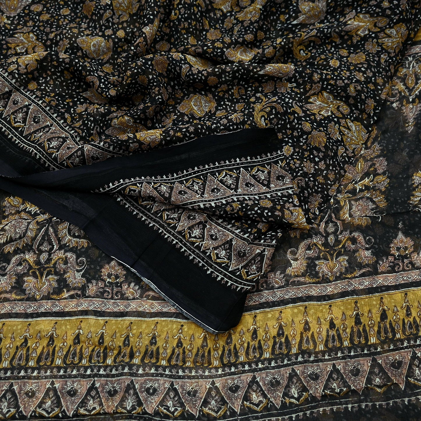 Indian Vintage Black Pure Chiffon Silk Saree | Printed Abstract Design | 5 Yards | Sheer Soft Fabric for Sewing, Dressmaking,