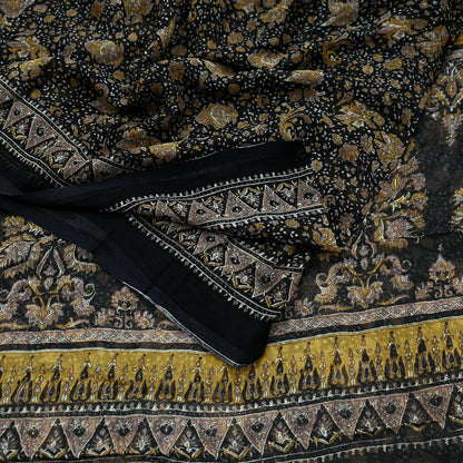 Indian Vintage Black Pure Chiffon Silk Saree | Printed Abstract Design | 5 Yards | Sheer Soft Fabric for Sewing, Dressmaking,