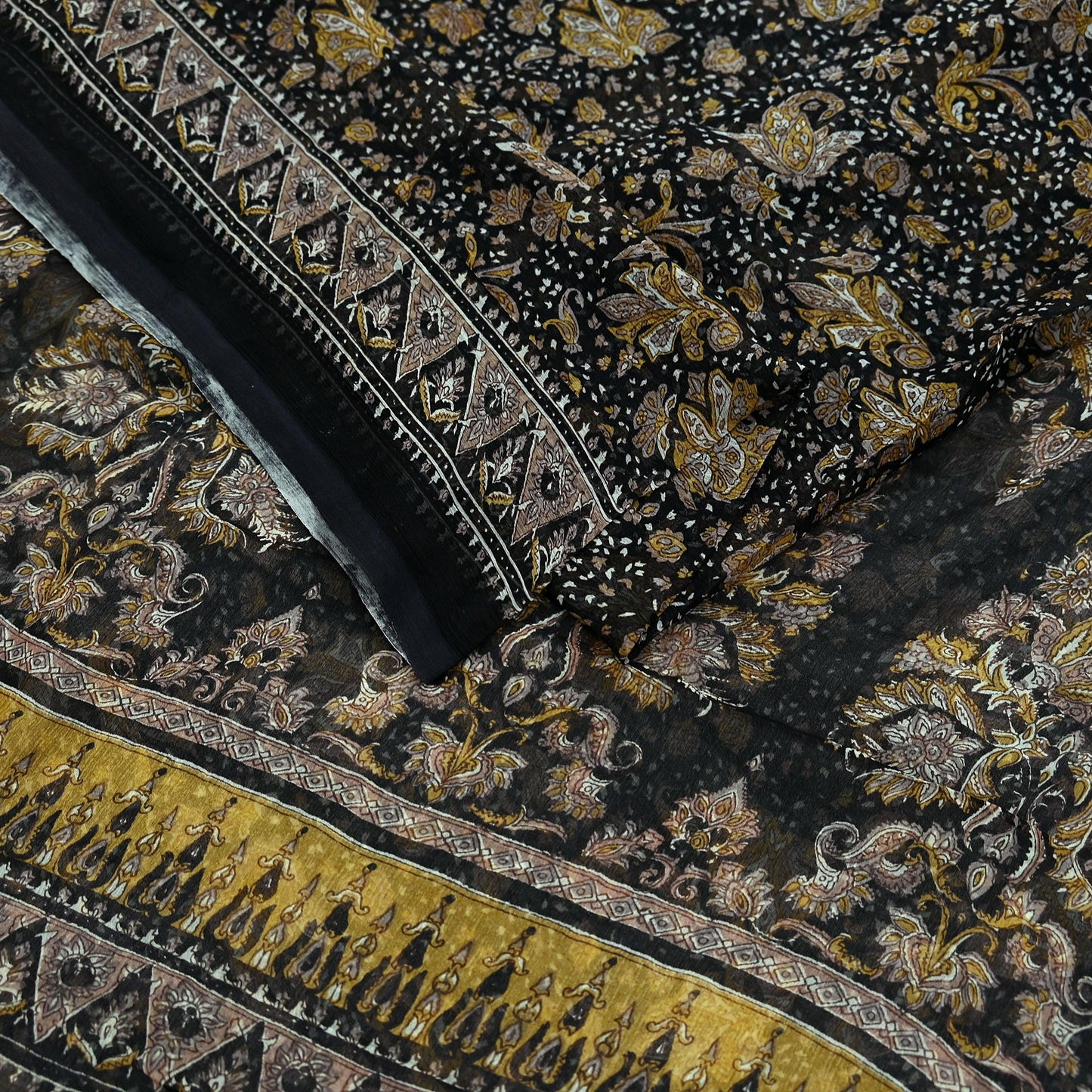 Indian Vintage Black Pure Chiffon Silk Saree | Printed Abstract Design | 5 Yards | Sheer Soft Fabric for Sewing, Dressmaking,