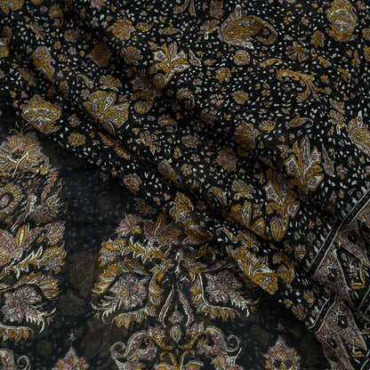 Indian Vintage Black Pure Chiffon Silk Saree | Printed Abstract Design | 5 Yards | Sheer Soft Fabric for Sewing, Dressmaking,