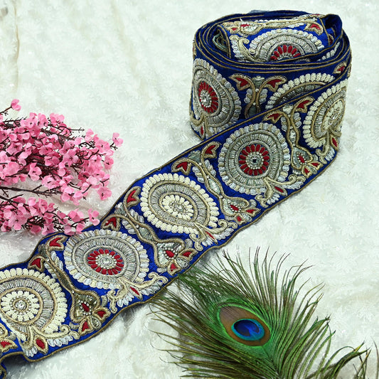 Indian Vintage Sari Border Blue Hand Embroidered Craft Trim Lace 1Yd Sewing Sari Ribbon Dress making Dress Designing Decor Dabka