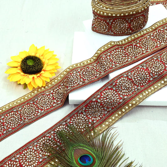 Indian Vintage Sari Border Red Hand Embroidered Craft Trim Lace 1Yd Sewing Sari Ribbon Dress making Dress Designing Decor Dabka
