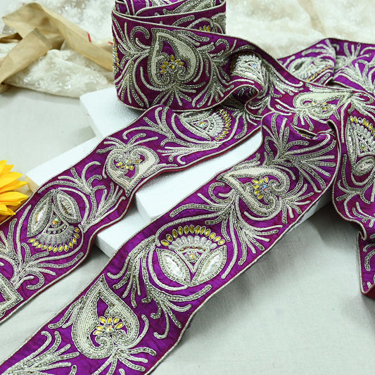 Indian Vintage Sari Border Purple Hand Embroidered Craft Trim Lace 1Yd Sewing Sari Ribbon Dress making Dress Designing Decor Dabka Mukesh