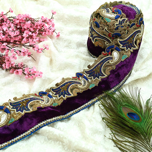 Indian Vintage Sari Border Purple Hand Embroidered Craft Trim Lace 1Yd Sewing Sari Ribbon Dress making Dress Designing Decor Dabka Peacock